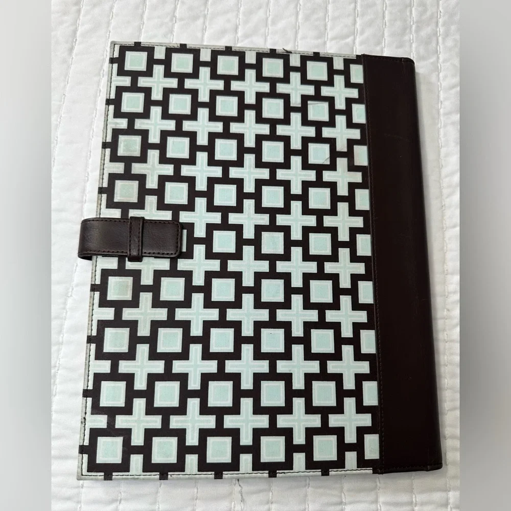 Modern Cross Pattern Leather Padfolio with Brown And Blue Trim